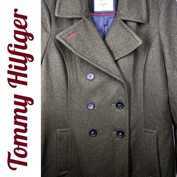 TOMMY HILFIGER WOOL PINE OLIVE GREEN CLASSIC PEACOAT COASTAL FISHERMAN, LARGE - Picture 8 of 10